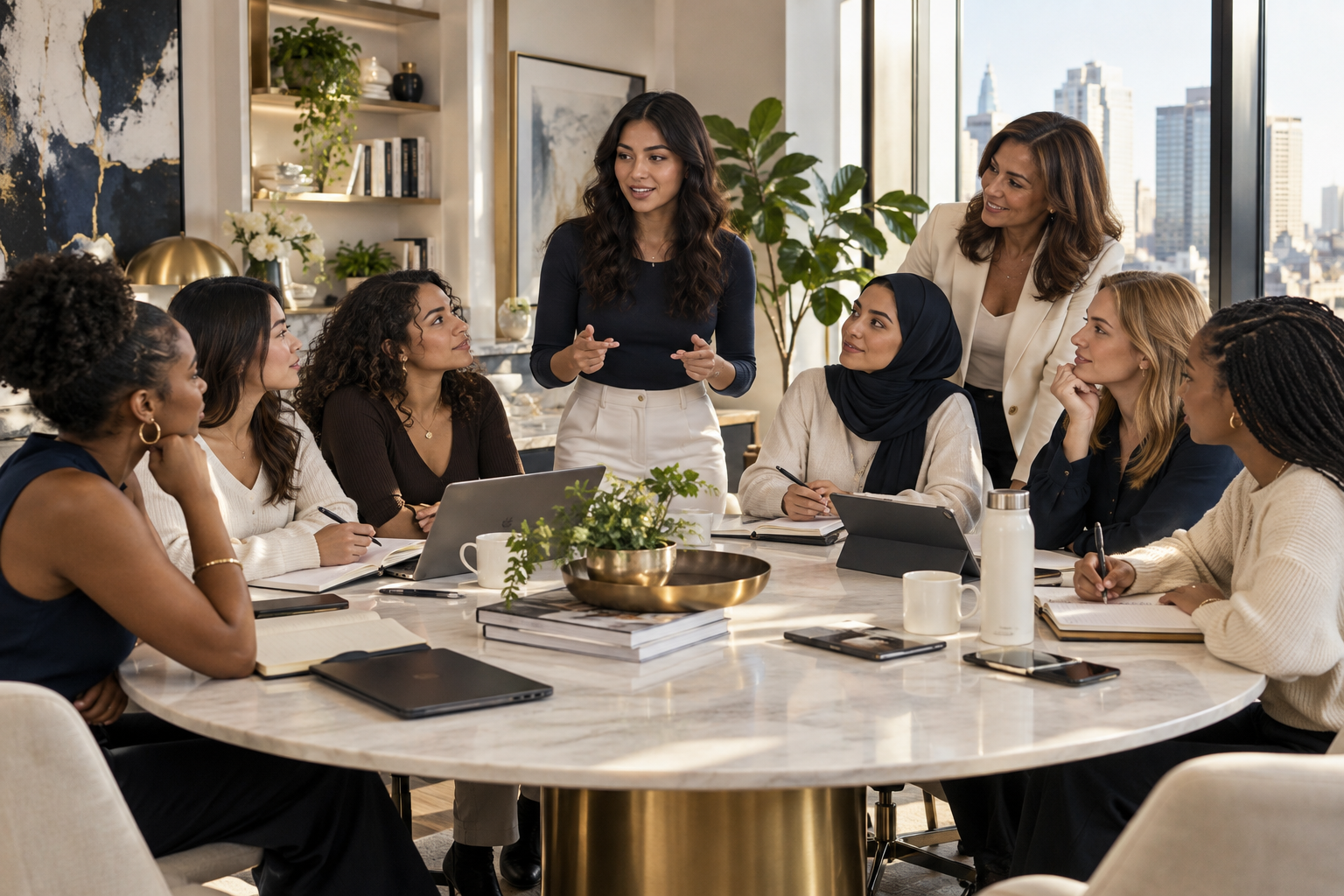 Young women collaborating around a leadership table; representative imagery